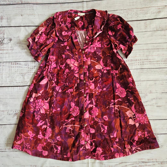 Pilcro Anthropologie Keira Corduroy Pink Floral Puff Sleeve Girly Mini Dress NWT - Picture 2 of 7